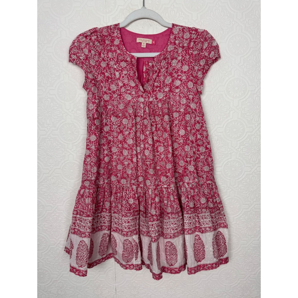 Pink Chicken Adele Girls Dress 10Y Pink Floral Cotton Metallic Block Print Boho